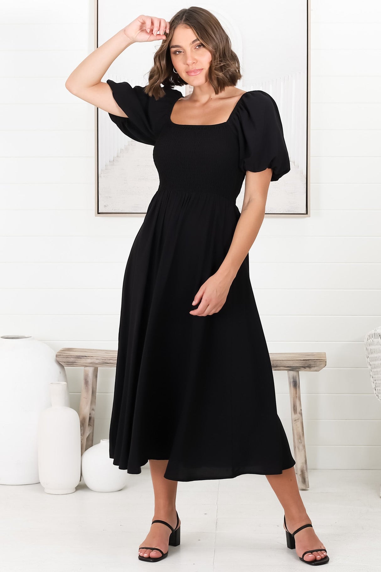 Sitara Midi Dress - On or Off Shoulder Elasticated Bodice Dress with Short Balloon Sleeves in Black