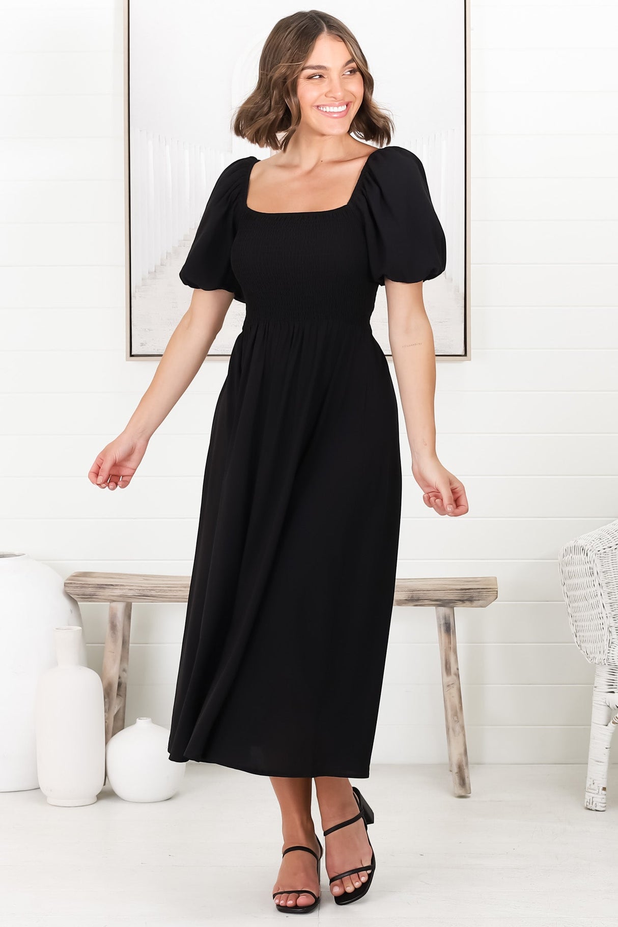 Sitara Midi Dress - On or Off Shoulder Elasticated Bodice Dress with Short Balloon Sleeves in Black