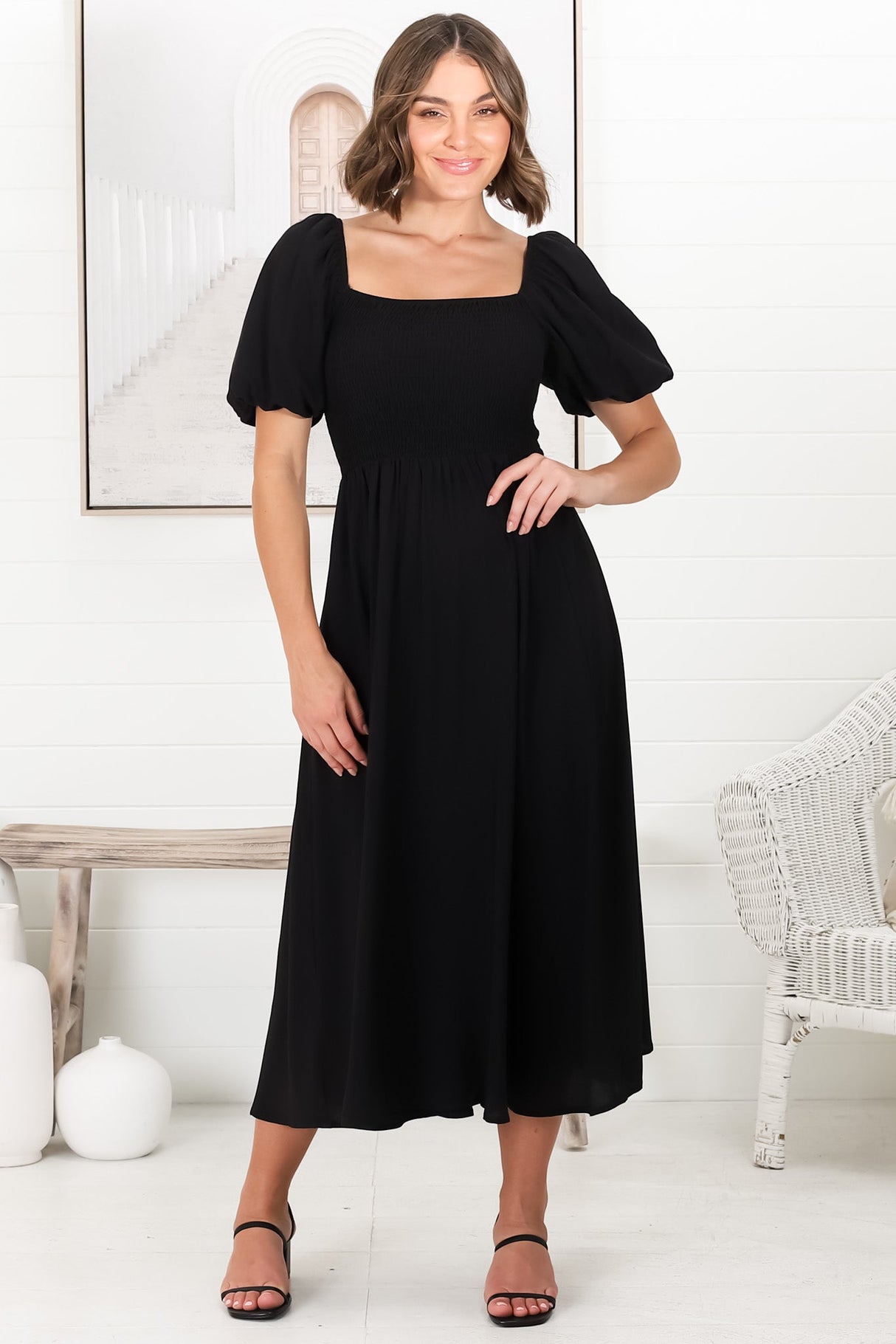 Sitara Midi Dress - On or Off Shoulder Elasticated Bodice Dress with Short Balloon Sleeves in Black