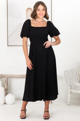 Sitara Midi Dress - On or Off Shoulder Elasticated Bodice Dress with Short Balloon Sleeves in Black