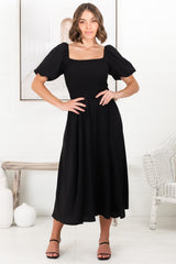 Sitara Midi Dress - On or Off Shoulder Elasticated Bodice Dress with Short Balloon Sleeves in Black