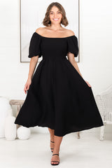 Sitara Midi Dress - On or Off Shoulder Elasticated Bodice Dress with Short Balloon Sleeves in Black