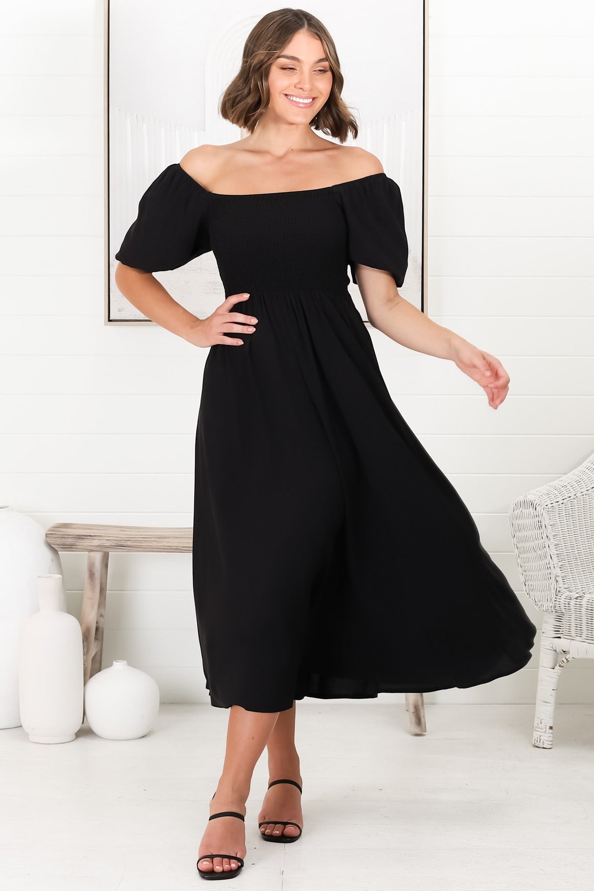 Sitara Midi Dress - On or Off Shoulder Elasticated Bodice Dress with Short Balloon Sleeves in Black