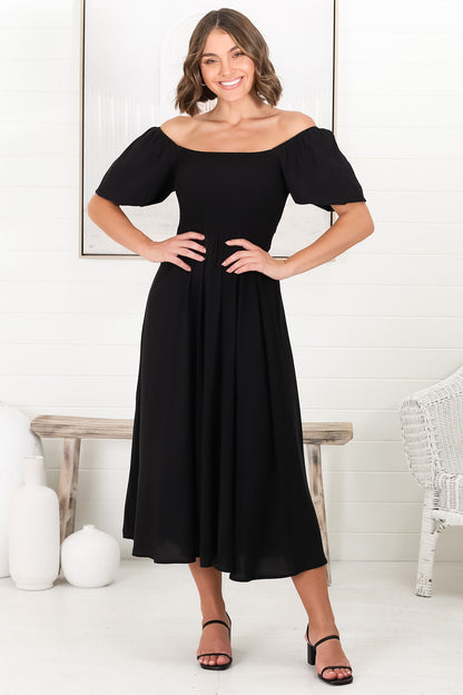 Sitara Midi Dress - On or Off Shoulder Elasticated Bodice Dress with Short Balloon Sleeves in Black