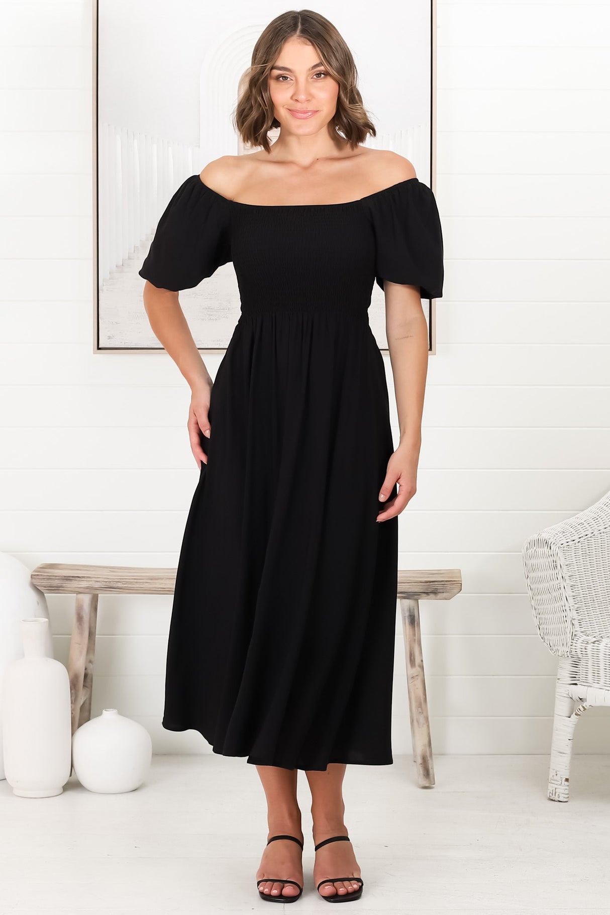 Sitara Midi Dress - On or Off Shoulder Elasticated Bodice Dress with Short Balloon Sleeves in Black