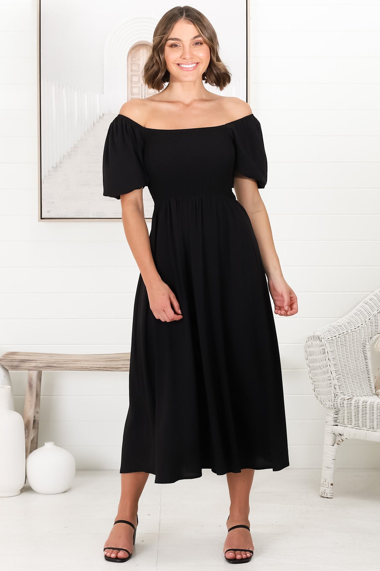 Sitara Midi Dress - On or Off Shoulder Elasticated Bodice Dress with Short Balloon Sleeves in Black