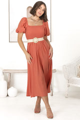 Sitara Midi Dress - On or Off Shoulder Elasticated Bodice Dress with Short Balloon Sleeves in Orange