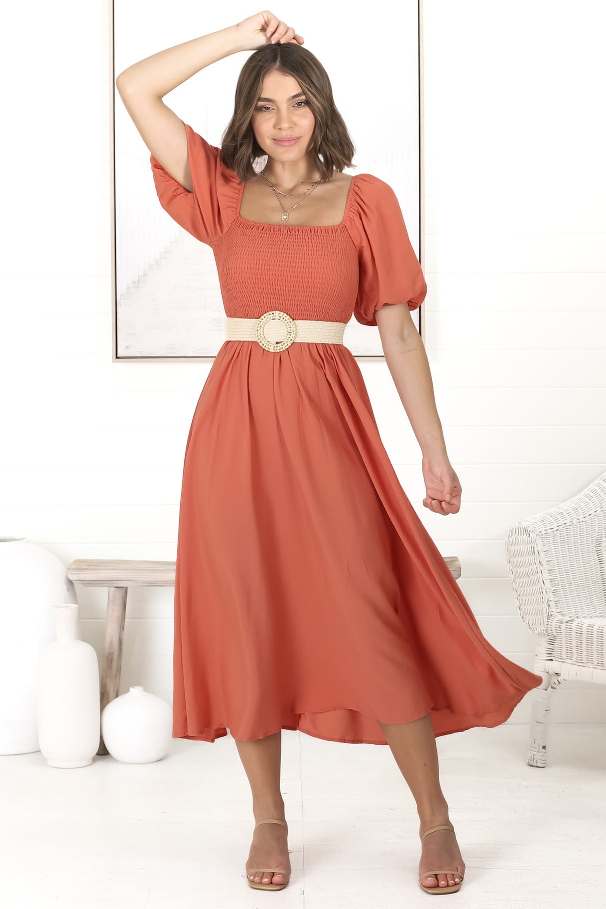 Sitara Midi Dress - On or Off Shoulder Elasticated Bodice Dress with Short Balloon Sleeves in Orange