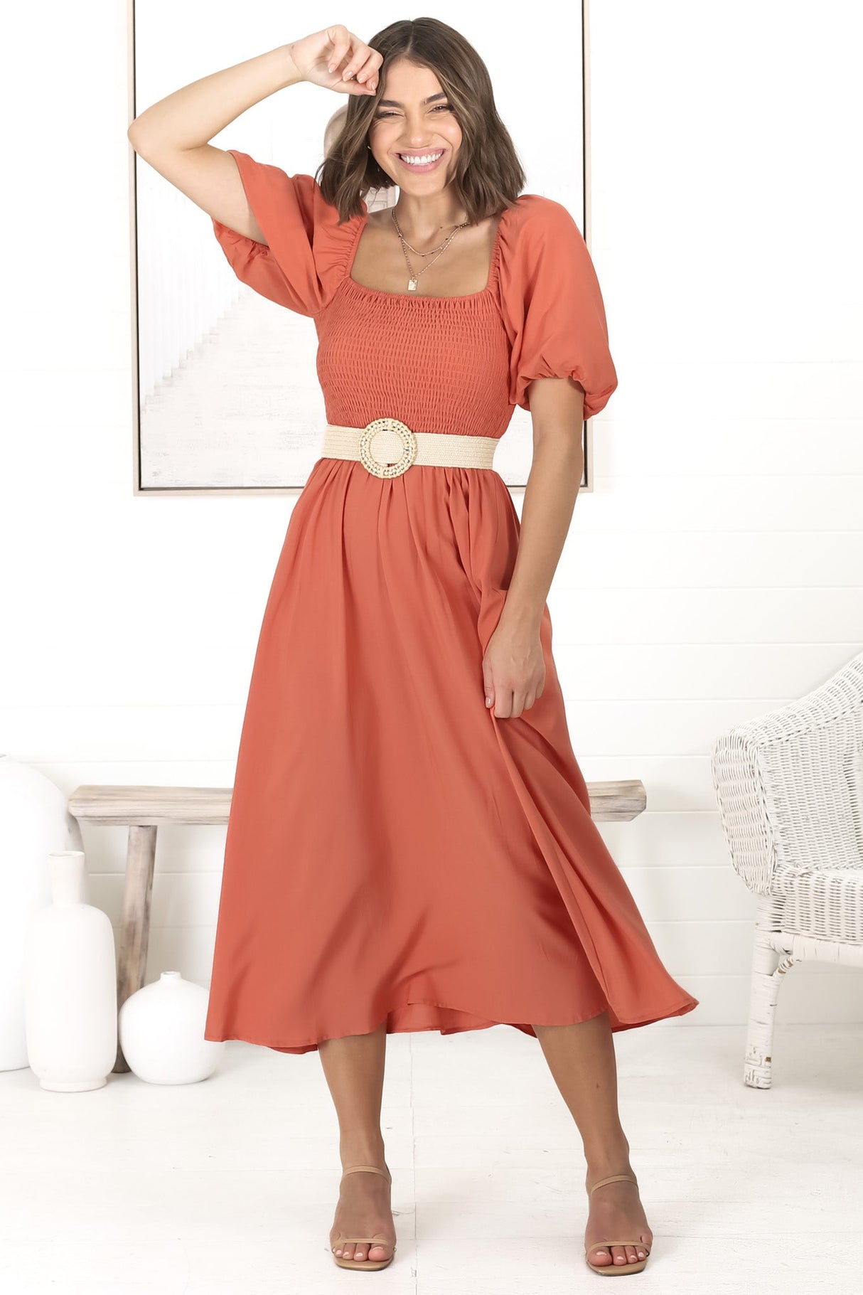 Sitara Midi Dress - On or Off Shoulder Elasticated Bodice Dress with Short Balloon Sleeves in Orange