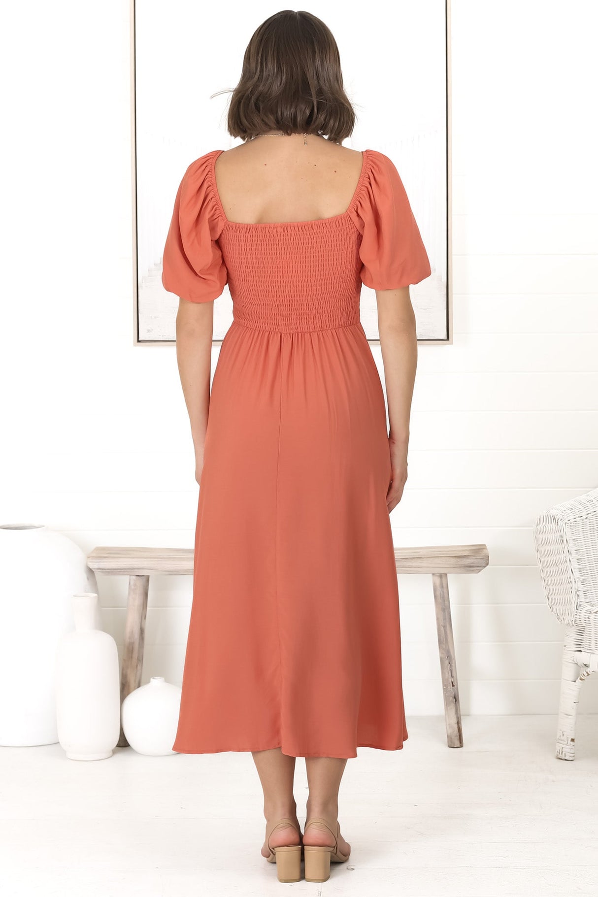 Sitara Midi Dress - On or Off Shoulder Elasticated Bodice Dress with Short Balloon Sleeves in Orange