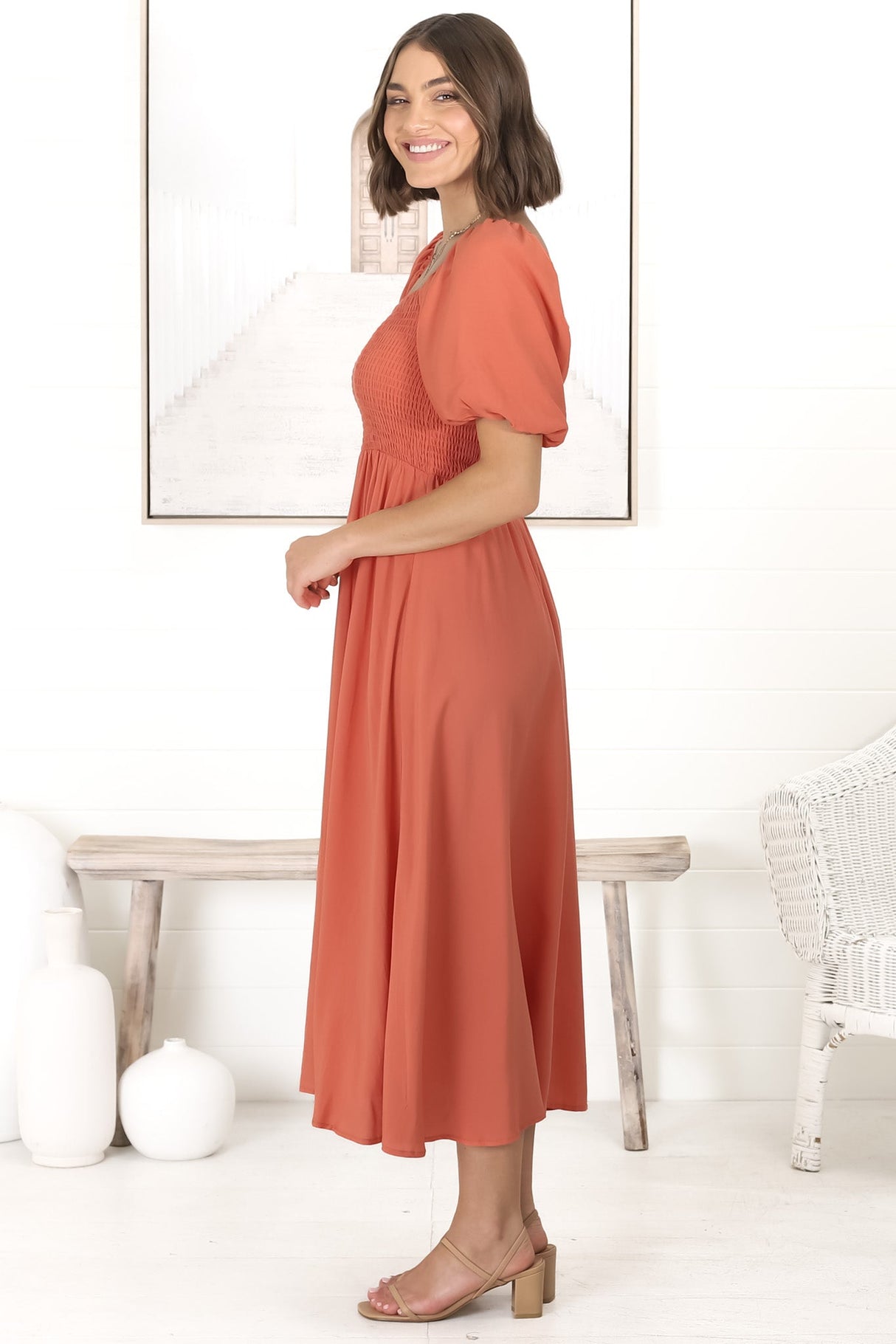 Sitara Midi Dress - On or Off Shoulder Elasticated Bodice Dress with Short Balloon Sleeves in Orange