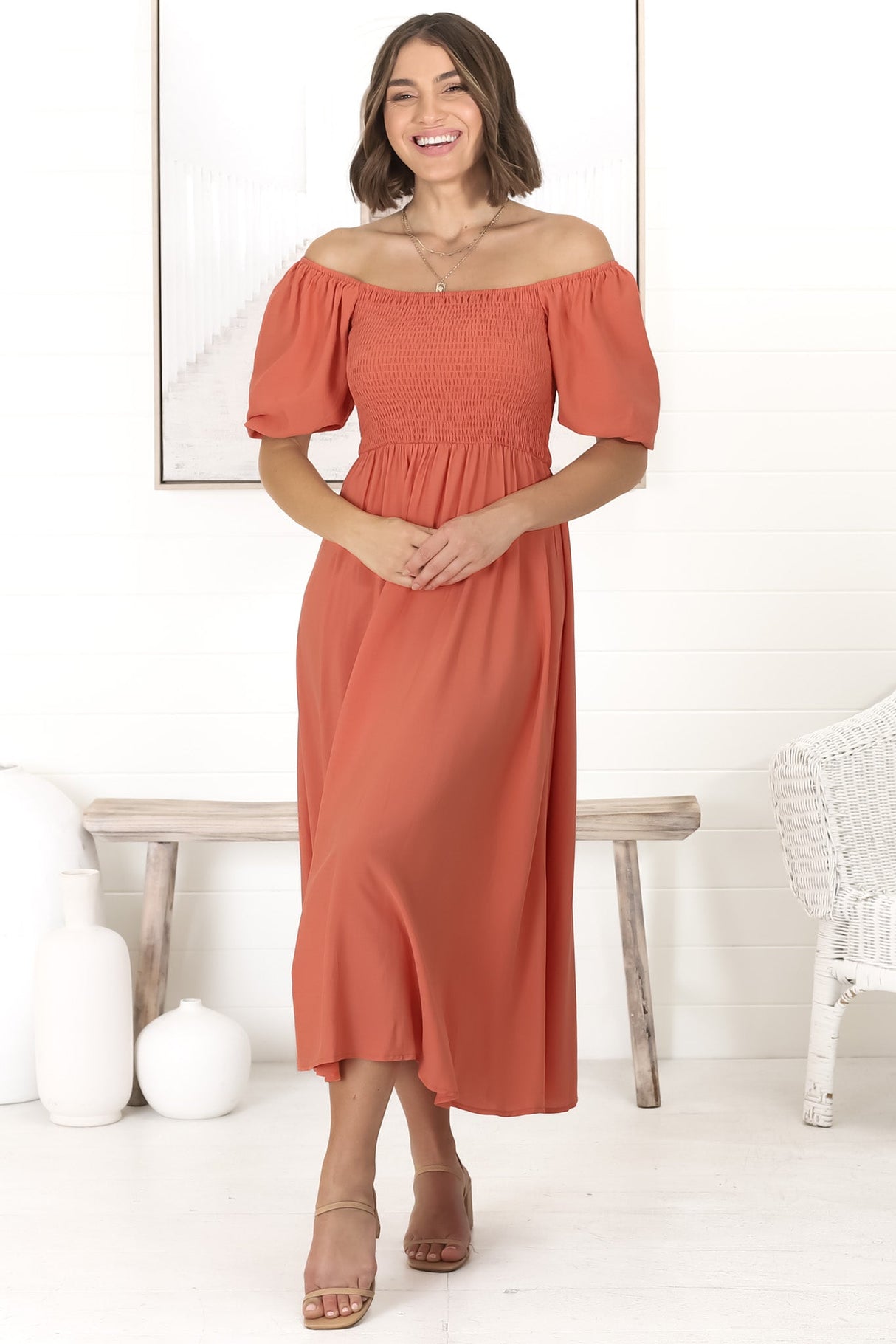 Sitara Midi Dress - On or Off Shoulder Elasticated Bodice Dress with Short Balloon Sleeves in Orange