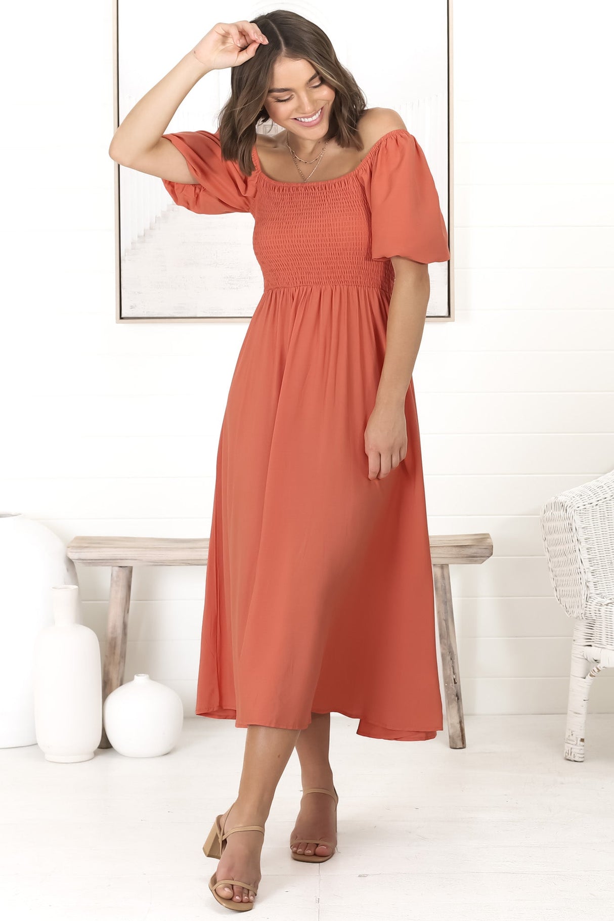 Sitara Midi Dress - On or Off Shoulder Elasticated Bodice Dress with Short Balloon Sleeves in Orange