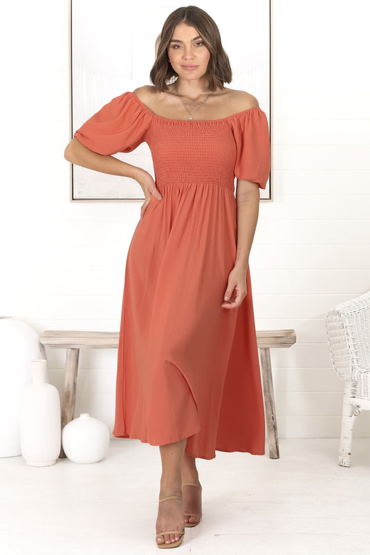 Sitara Midi Dress - On or Off Shoulder Elasticated Bodice Dress with Short Balloon Sleeves in Orange