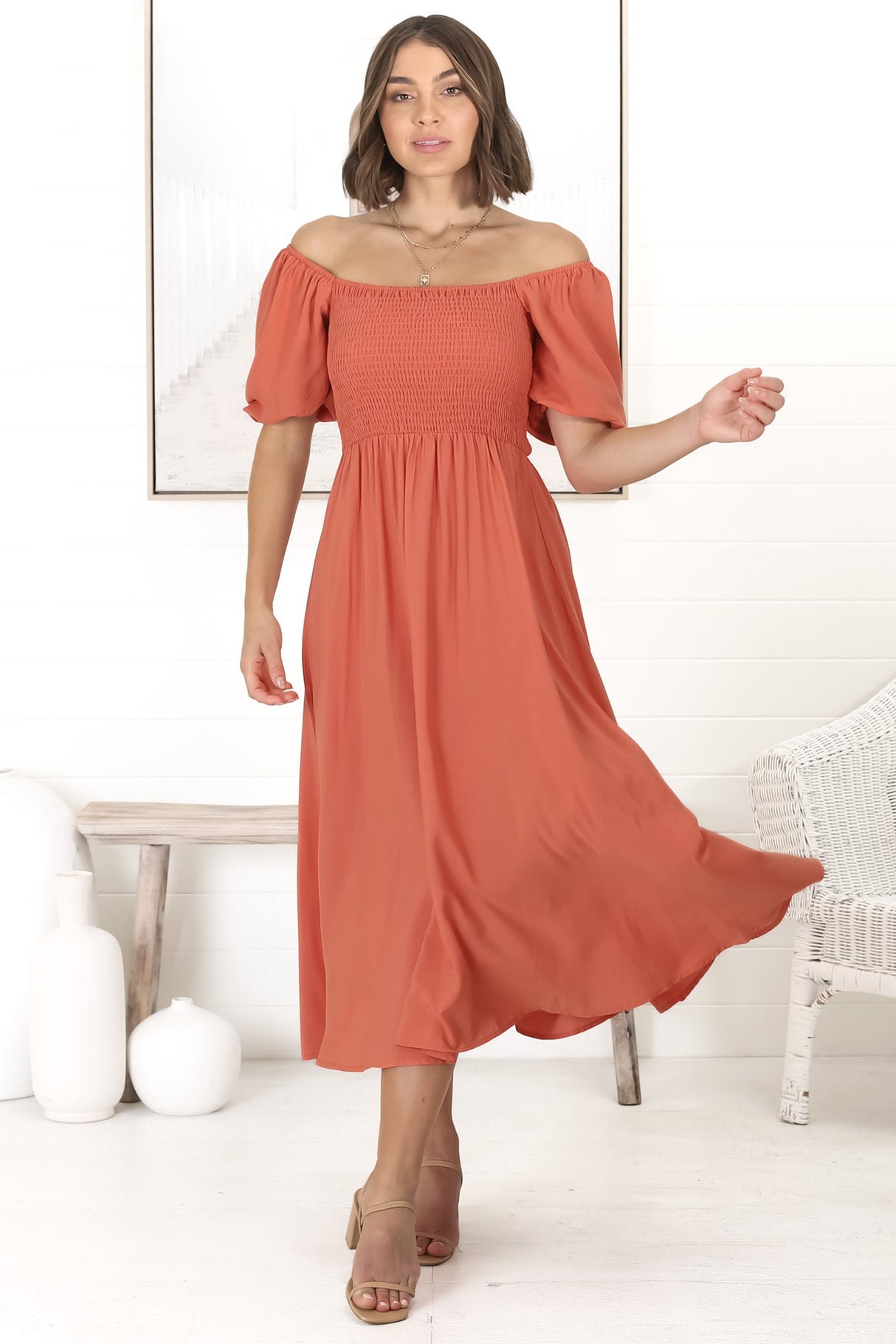 Sitara Midi Dress - On or Off Shoulder Elasticated Bodice Dress with Short Balloon Sleeves in Orange