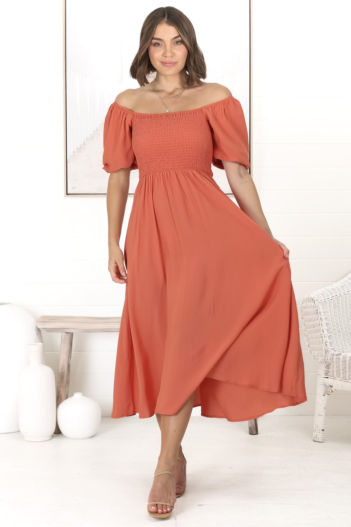 Sitara Midi Dress - On or Off Shoulder Elasticated Bodice Dress with Short Balloon Sleeves in Orange