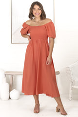 Sitara Midi Dress - On or Off Shoulder Elasticated Bodice Dress with Short Balloon Sleeves in Orange