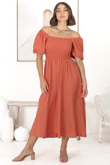 Sitara Midi Dress - On or Off Shoulder Elasticated Bodice Dress with Short Balloon Sleeves in Orange