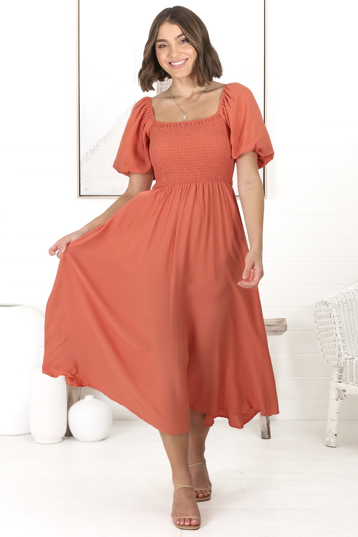 Sitara Midi Dress - On or Off Shoulder Elasticated Bodice Dress with Short Balloon Sleeves in Orange