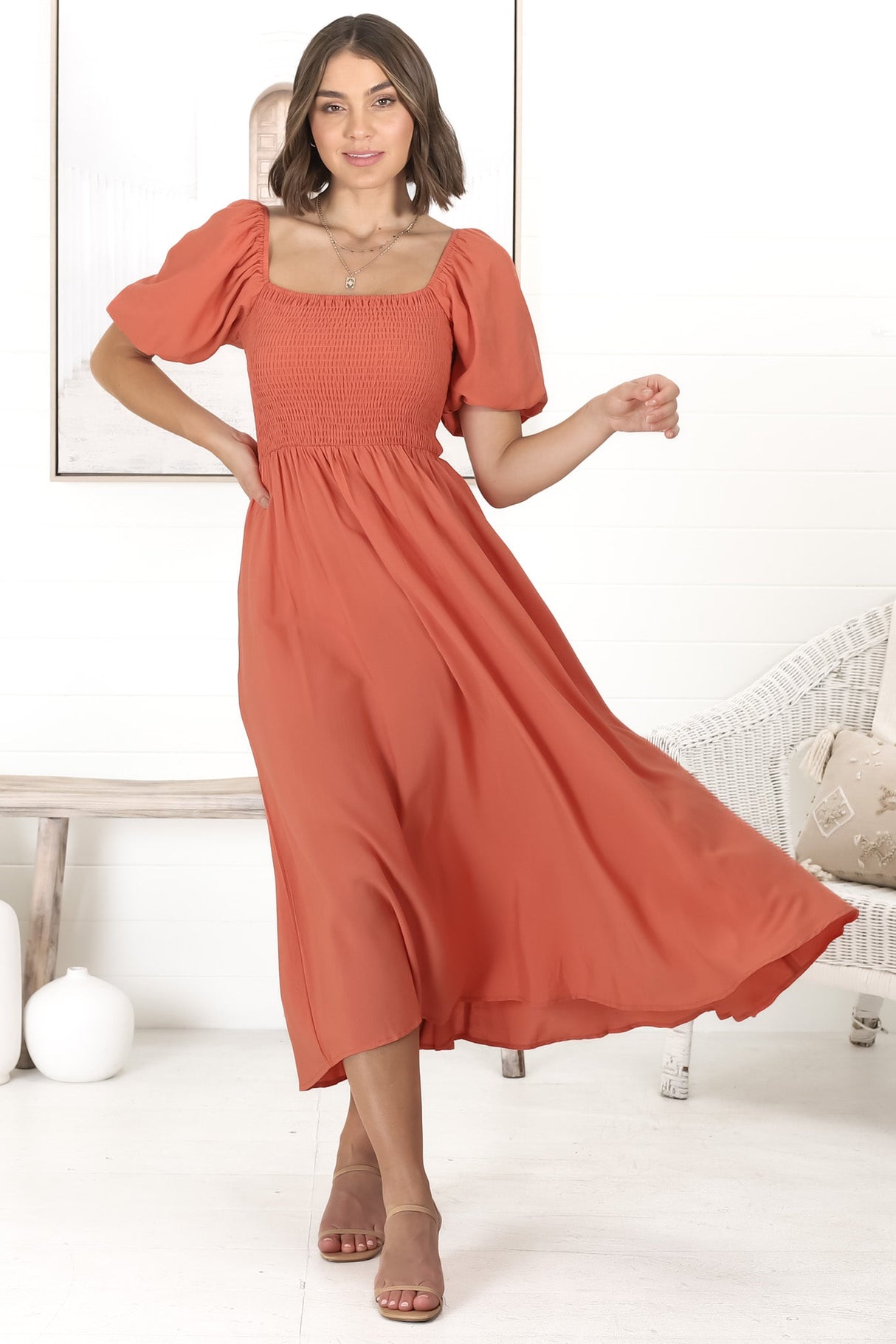 Sitara Midi Dress - On or Off Shoulder Elasticated Bodice Dress with Short Balloon Sleeves in Orange