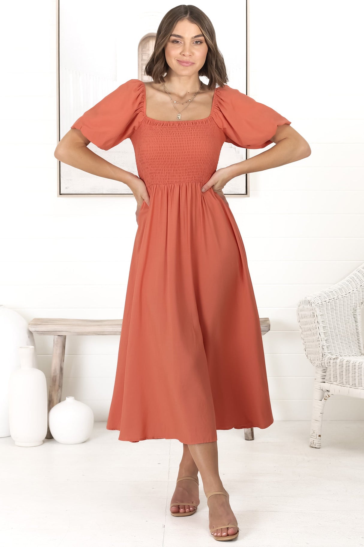 Sitara Midi Dress - On or Off Shoulder Elasticated Bodice Dress with Short Balloon Sleeves in Orange