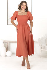 Sitara Midi Dress - On or Off Shoulder Elasticated Bodice Dress with Short Balloon Sleeves in Orange