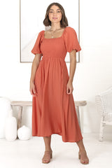 Sitara Midi Dress - On or Off Shoulder Elasticated Bodice Dress with Short Balloon Sleeves in Orange