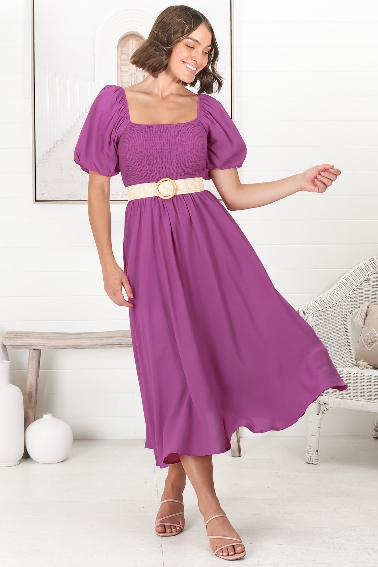 Sitara Midi Dress - On or Off Shoulder Elasticated Bodice Dress with Short Balloon Sleeves in Purple