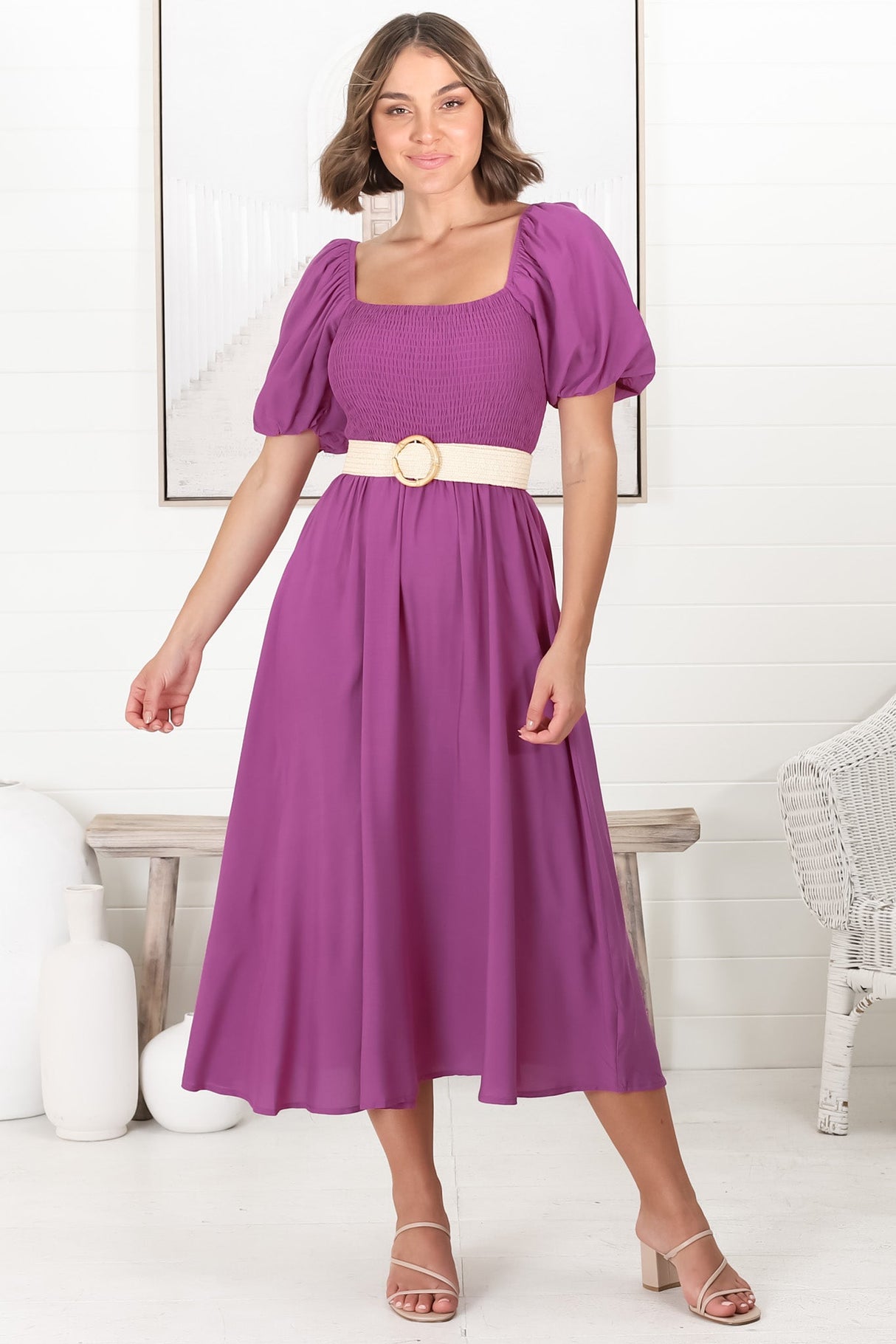 Sitara Midi Dress - On or Off Shoulder Elasticated Bodice Dress with Short Balloon Sleeves in Purple