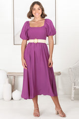 Sitara Midi Dress - On or Off Shoulder Elasticated Bodice Dress with Short Balloon Sleeves in Purple