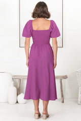 Sitara Midi Dress - On or Off Shoulder Elasticated Bodice Dress with Short Balloon Sleeves in Purple