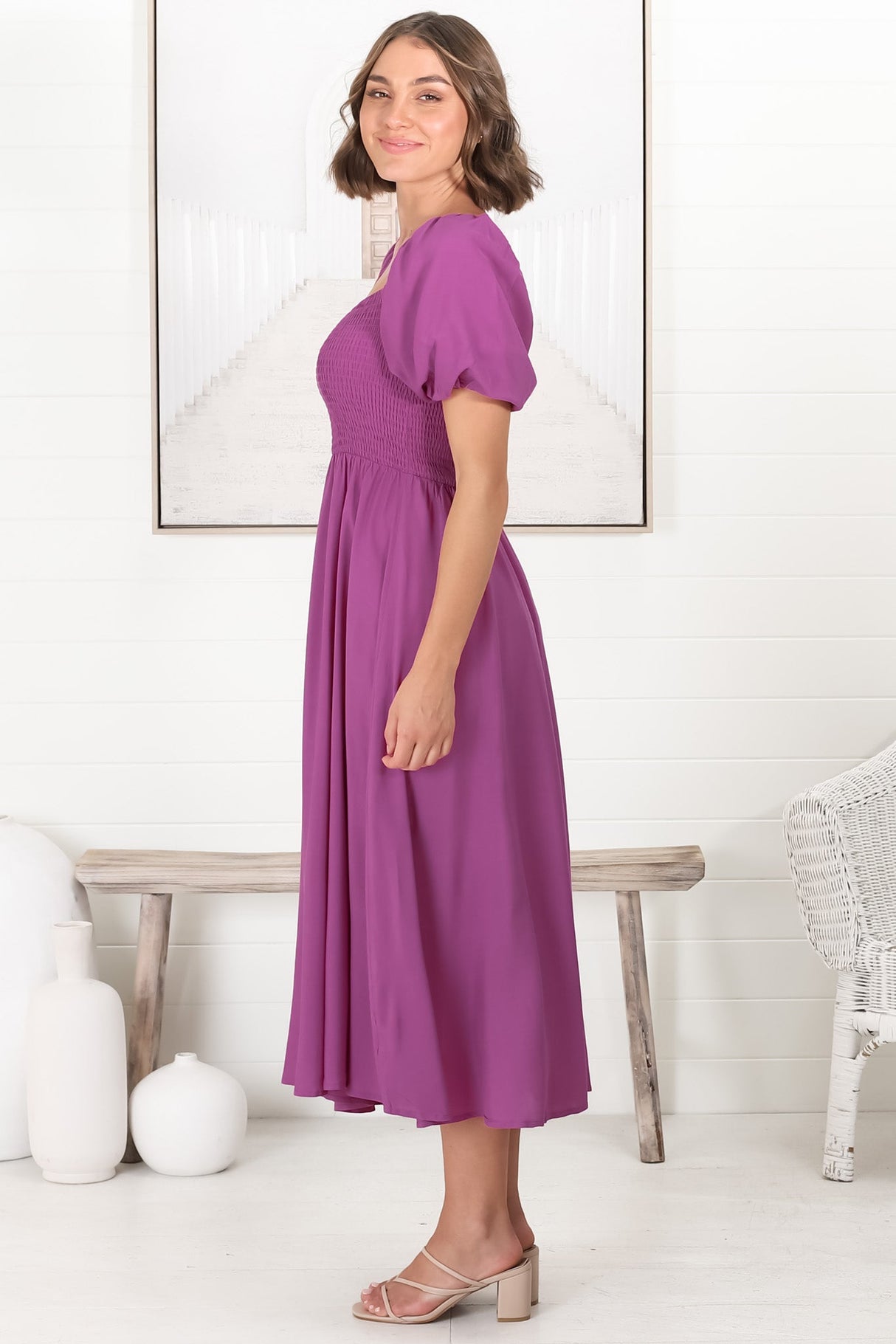 Sitara Midi Dress - On or Off Shoulder Elasticated Bodice Dress with Short Balloon Sleeves in Purple