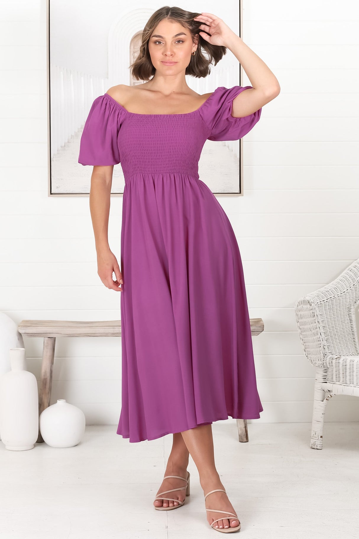 Sitara Midi Dress - On or Off Shoulder Elasticated Bodice Dress with Short Balloon Sleeves in Purple