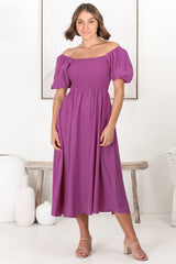 Sitara Midi Dress - On or Off Shoulder Elasticated Bodice Dress with Short Balloon Sleeves in Purple