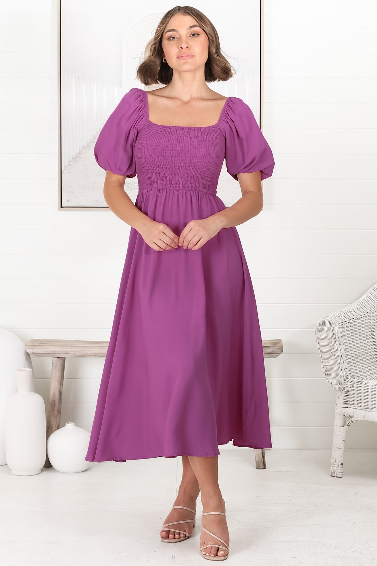 Sitara Midi Dress - On or Off Shoulder Elasticated Bodice Dress with Short Balloon Sleeves in Purple