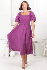 Sitara Midi Dress - On or Off Shoulder Elasticated Bodice Dress with Short Balloon Sleeves in Purple