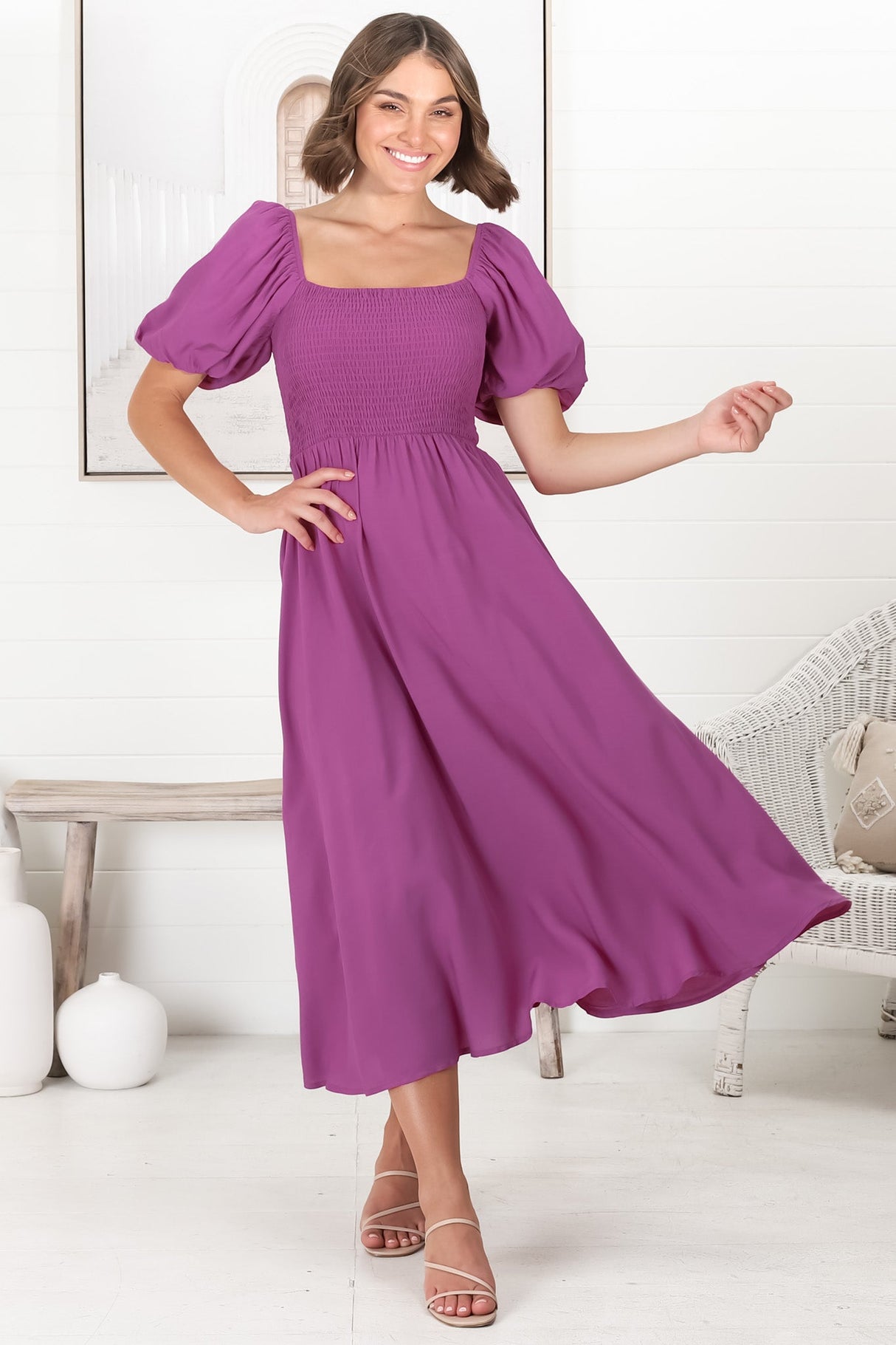 Sitara Midi Dress - On or Off Shoulder Elasticated Bodice Dress with Short Balloon Sleeves in Purple