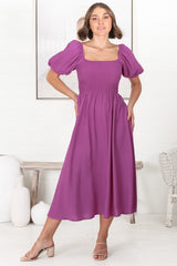 Sitara Midi Dress - On or Off Shoulder Elasticated Bodice Dress with Short Balloon Sleeves in Purple