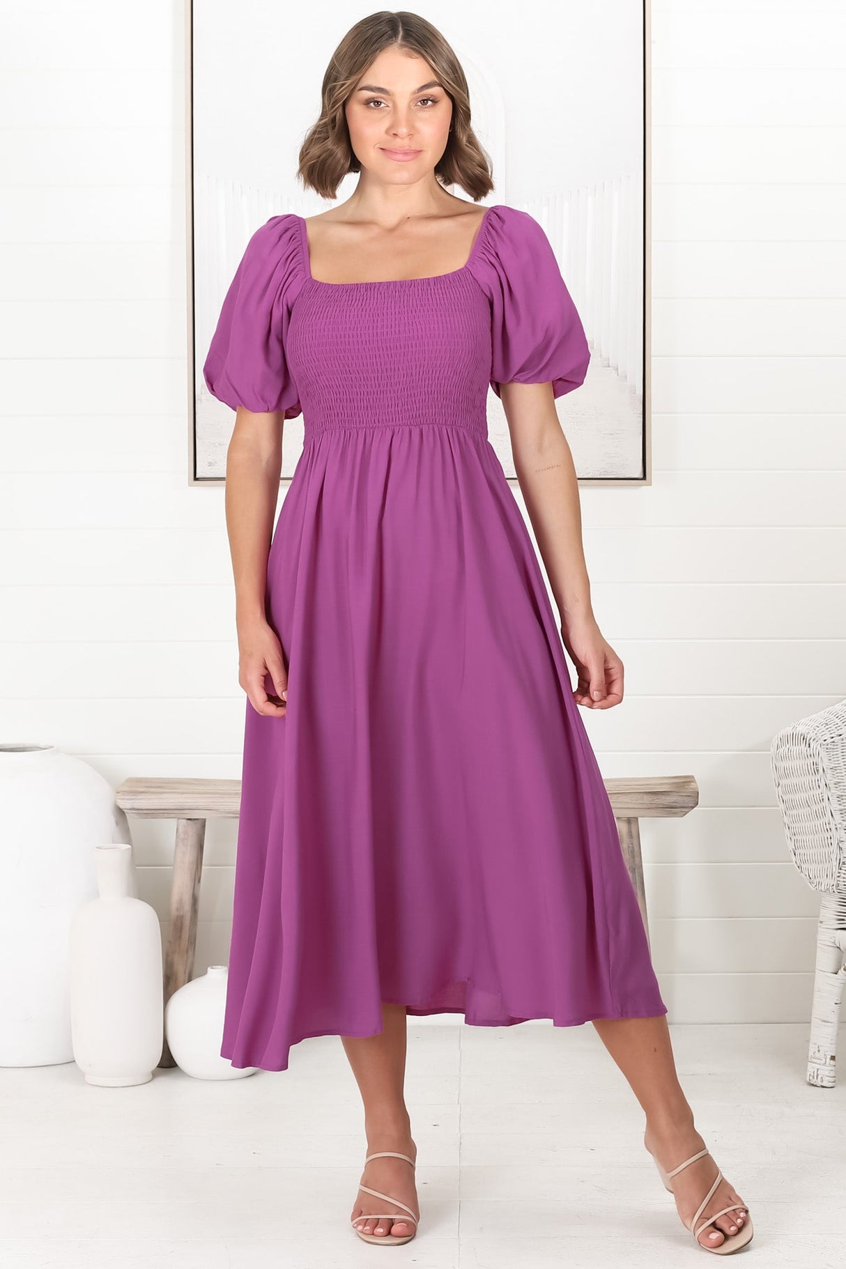 Sitara Midi Dress - On or Off Shoulder Elasticated Bodice Dress with Short Balloon Sleeves in Purple