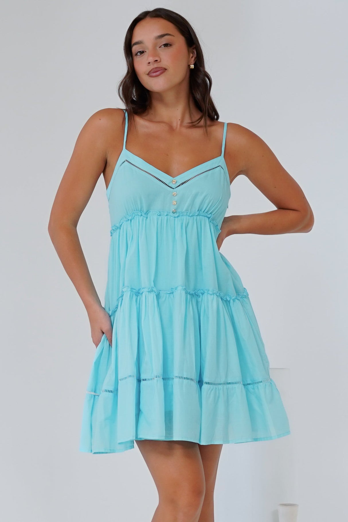Sitara Mini Dress - V-Neck Tiered Sun Dress in Aqua