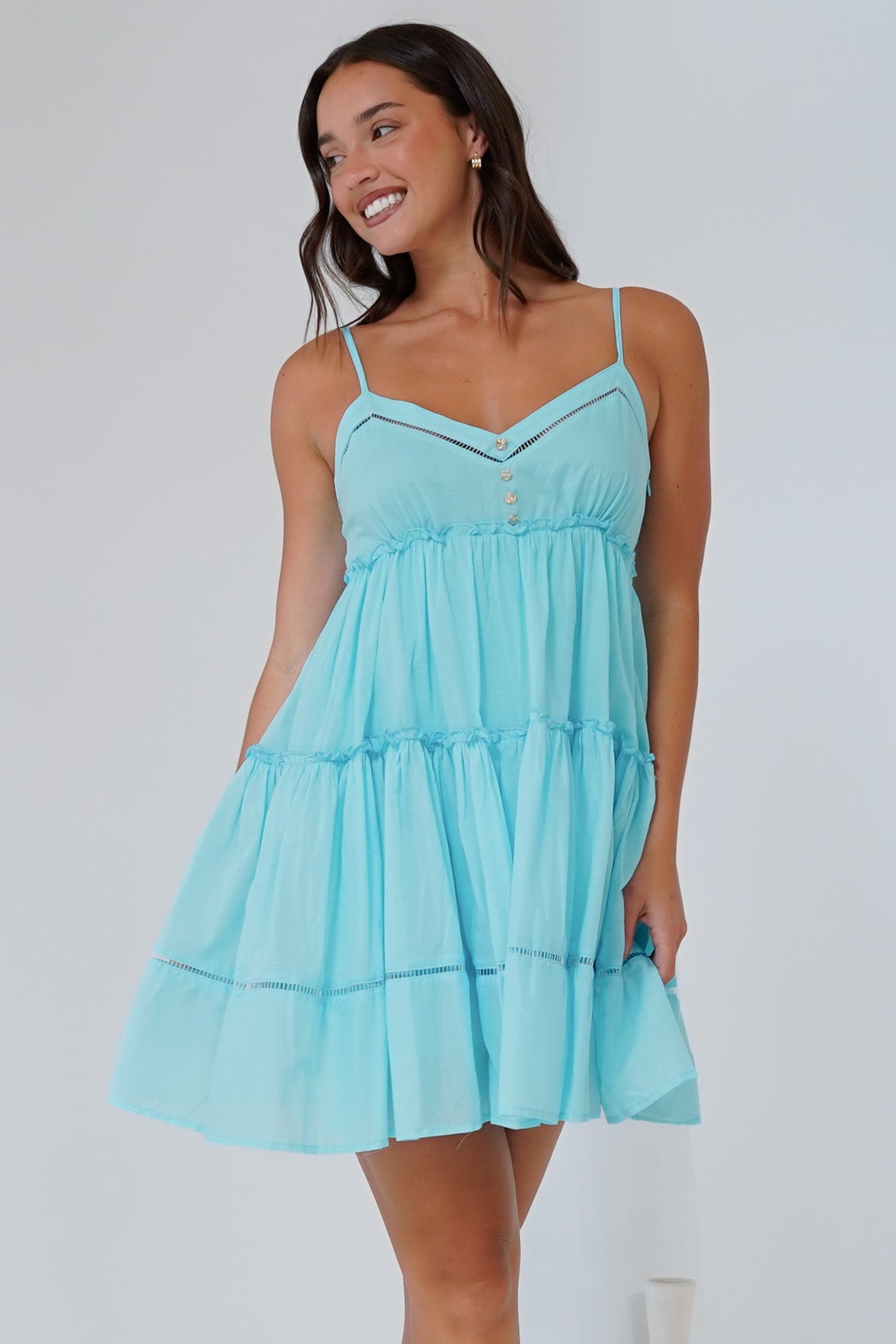 Sitara Mini Dress - V-Neck Tiered Sun Dress in Aqua