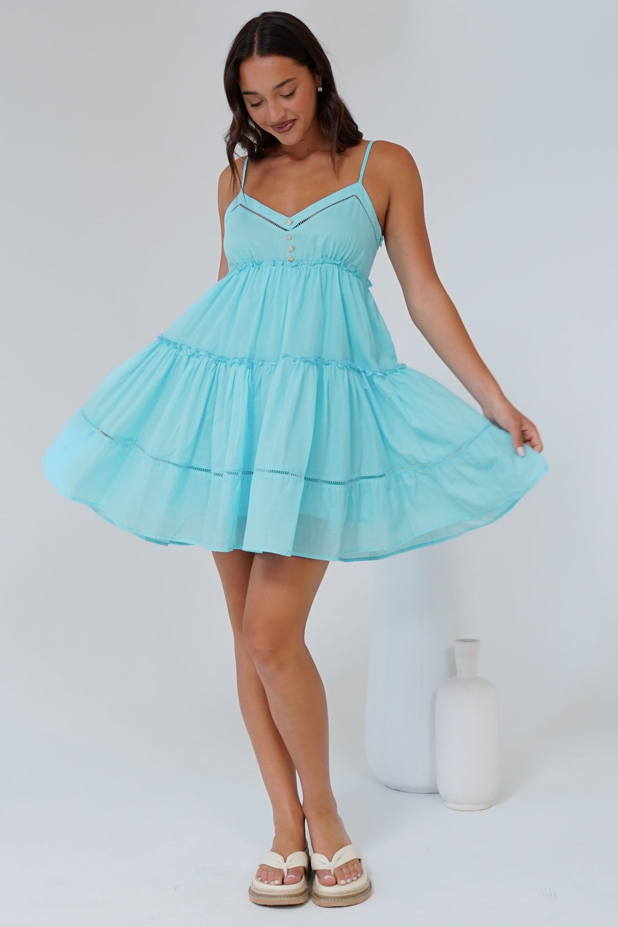 Sitara Mini Dress - V-Neck Tiered Sun Dress in Aqua