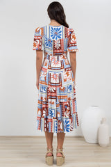 Sivana Midi Dress - V-Neck Buttoned Down Dress with Short Sleeves in Lirael Print