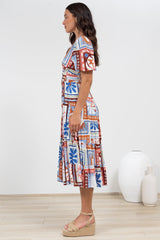 Sivana Midi Dress - V-Neck Buttoned Down Dress with Short Sleeves in Lirael Print