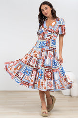 Sivana Midi Dress - V-Neck Buttoned Down Dress with Short Sleeves in Lirael Print