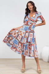 Sivana Midi Dress - V-Neck Buttoned Down Dress with Short Sleeves in Lirael Print