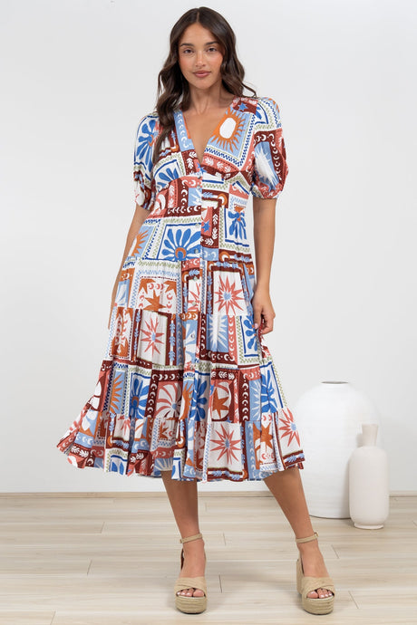 Sivana Midi Dress - V-Neck Buttoned Down Dress with Short Sleeves in Lirael Print
