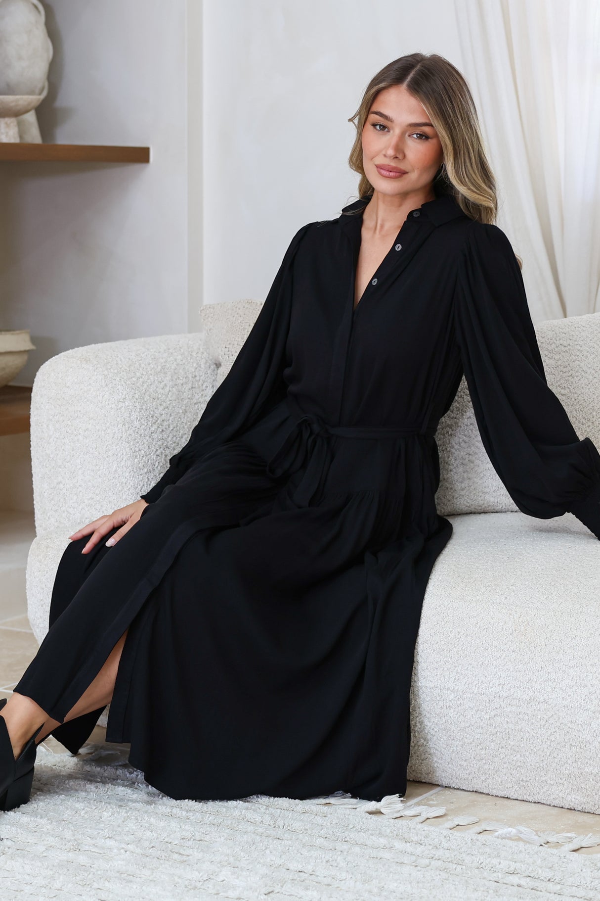 Skandi Midi Dress - Button Down Billow Sleeve Shirt Dress with Waist Tie in Black