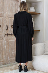Skandi Midi Dress - Button Down Billow Sleeve Shirt Dress with Waist Tie in Black