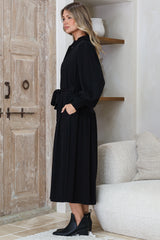 Skandi Midi Dress - Button Down Billow Sleeve Shirt Dress with Waist Tie in Black